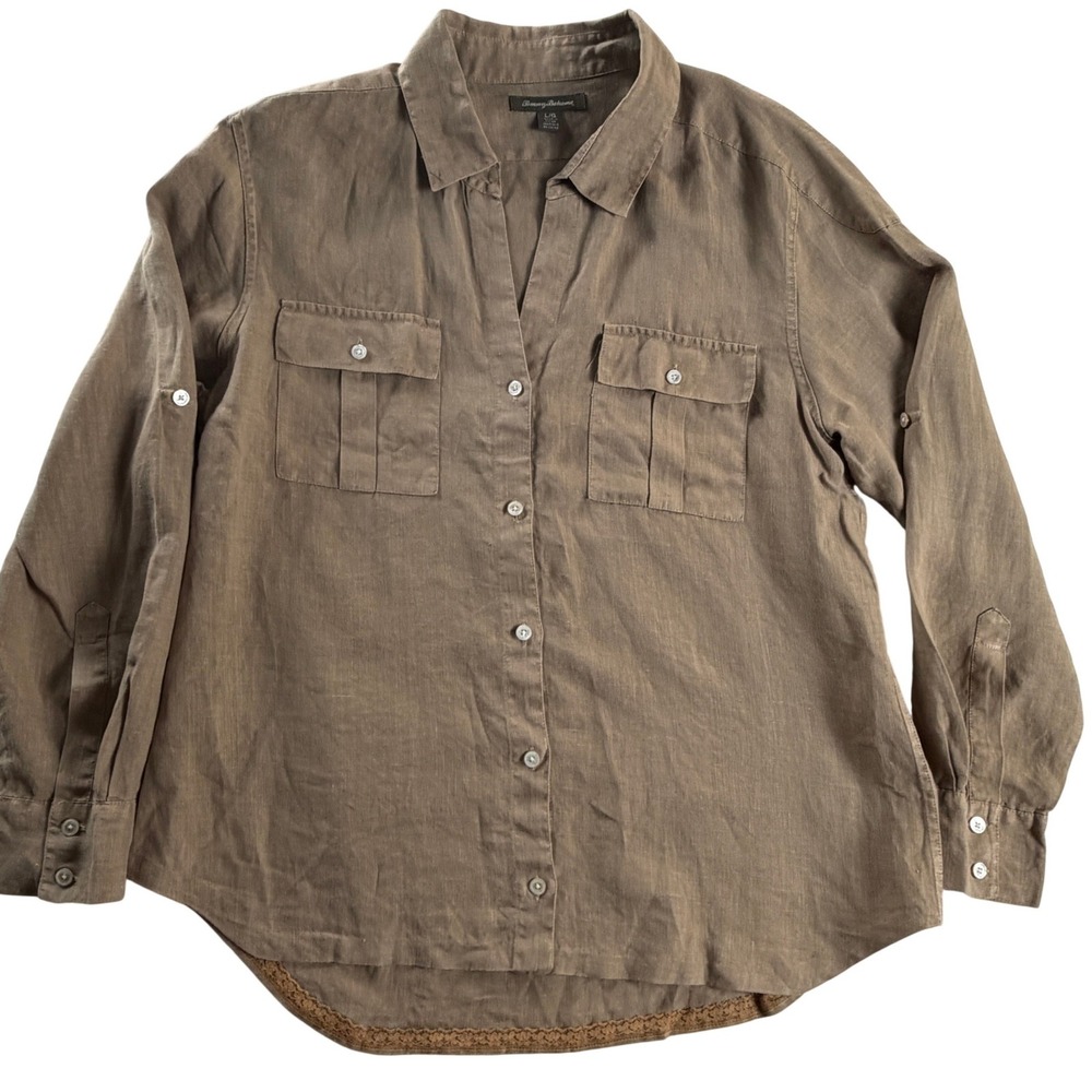 Tommy Bahama Womens Large 100% Linen Taupe Brown Roll Tab Utility Shirt